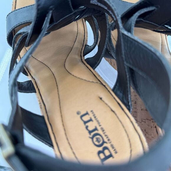 Born Bernese Womens Sandal Size 10 Black Leather Wedge Heel Open Toe Retro Caged - Picture 12 of 16